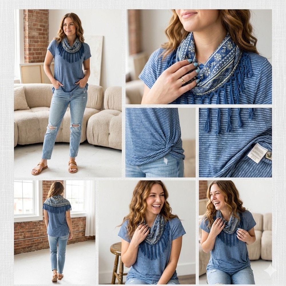 Unity World Wear Blue Striped Side Knot Top with Detachable Fringe Scarf Size‎ M